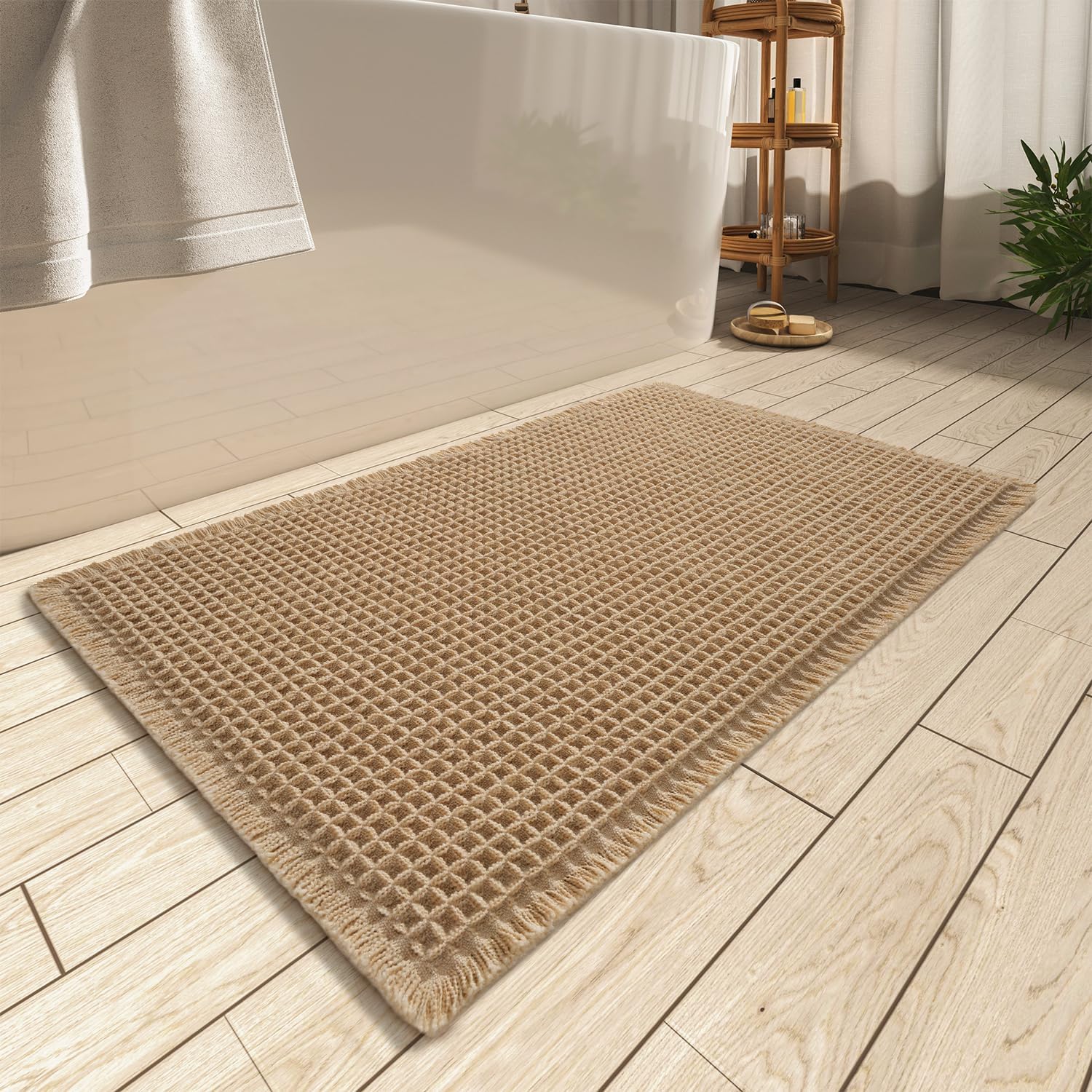 81rZ0y1YVrL._AC_SL1500_.jpg Brown Waffle Non-Slip Bath Mat Tassels - Image 1