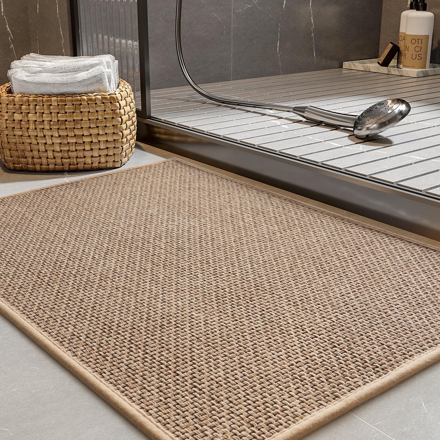 91ESddThlaL._AC_SL1500_.jpg Beige Braided Non-Slip Bath Mat - Image 1